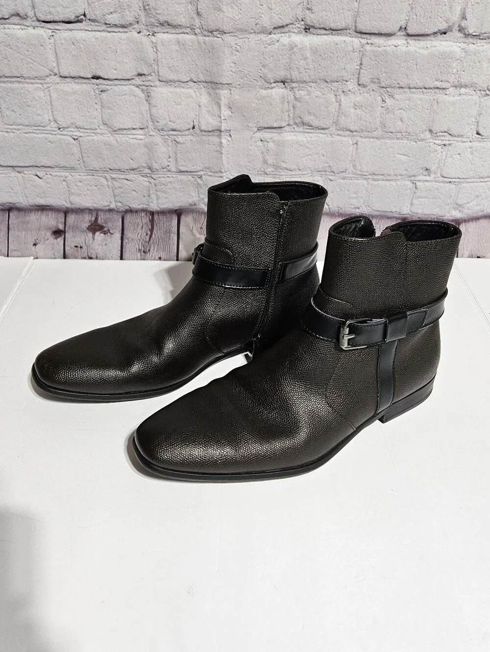 Calvin Klein Black Leather Ankle Boots with Buckle Strap